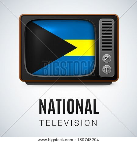 Vintage TV and Flag of the Bahamas as Symbol National Television. Button with Bahamian flag
