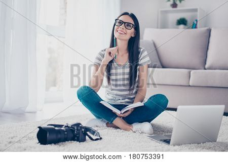 Young Pretty Brunette Photographer Freelancer With Notebook And Spectacles Have Great Idea About Bus