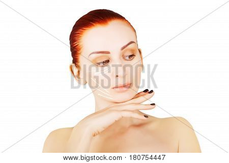 gorgeous brown eyed red haired model portrait with skin surgery mark isolated