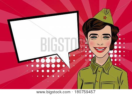 Happy Victory Day card. Russian girl cartoon comic pop art in uniform greetings veterans. Red star on garrison cap. Vector illustration red sunbeam background. Empty speech bubble banner for text.