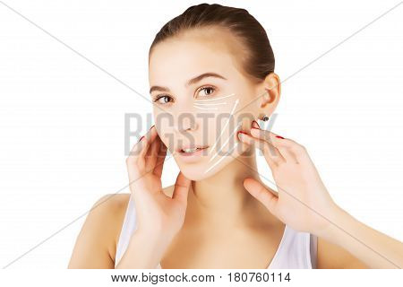 gorgeous brown eyed blond model portrait with skin surgery mark