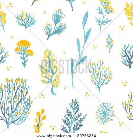 Vector hand drawn wild plants seamless pattern. Field plants illustration in blue and yellow colors.