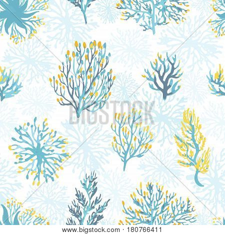 Vector hand drawn wild plants seamless pattern. . Desert dry plants illustration in blue and yellow colors.