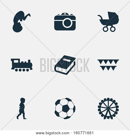 Vector Illustration Set Of Simple Baby Icons. Elements Stroller, Soccer, Ferris Wheel And Other Synonyms Carnaval, Photo And Moments.