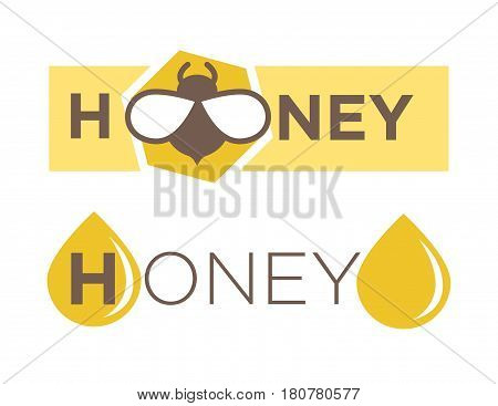 Abstract logo design with text honey isolated on white. Organic sweet mead and cartoon bee insect vector illustration. Advertising label for honeymead production with drops yellow healthy substance