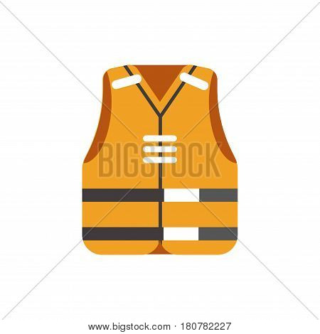 Safety orange vest with special white and black stripes isolated on white vector in flat design. Piece of clothes for upper part of body that protects people from sinking. Protective cloth uniform