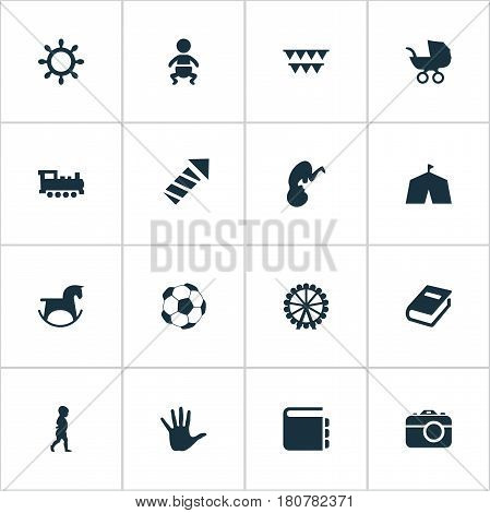 Vector Illustration Set Of Simple Kid Icons. Elements Stroller, Rudder, Soccer And Other Synonyms Horse, Circus And Festival.