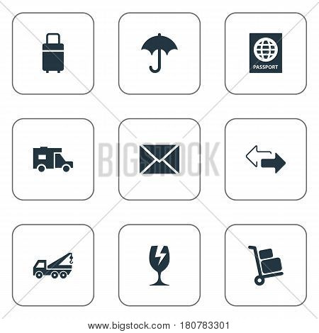 Vector Illustration Set Of Simple Carting Icons. Elements Luggage Bearer, Passport, Trip Luggage And Other Synonyms Shipping, Travel And Caravan.