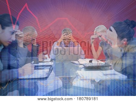Digital composite of Stressfull business meeting with chart graphic overlay against red background