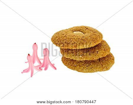 Almond cookies isolated on white with hiacintus flowers