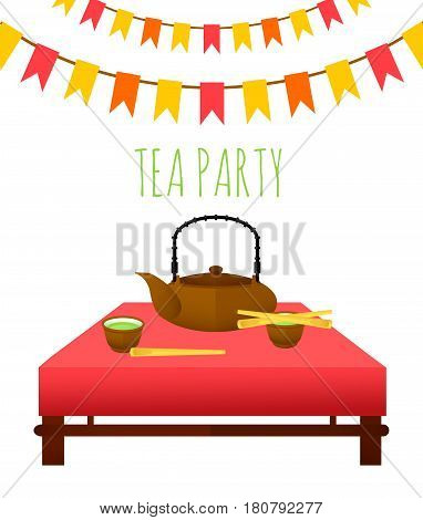 Flat traditional tea party template with teapot bowls spoons on table and festive garland isolated vector illustration