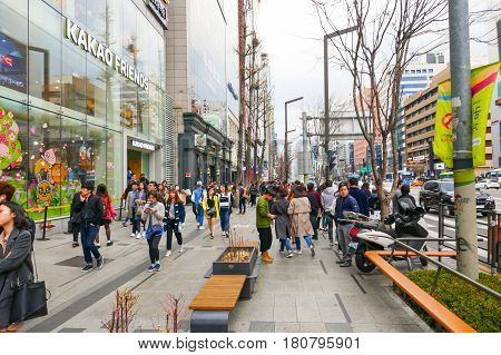 Seoul, South Korea - April 1, 2017: Locals and tourists at Seoul's famous Gangnam districs, known as a high end shopping location.