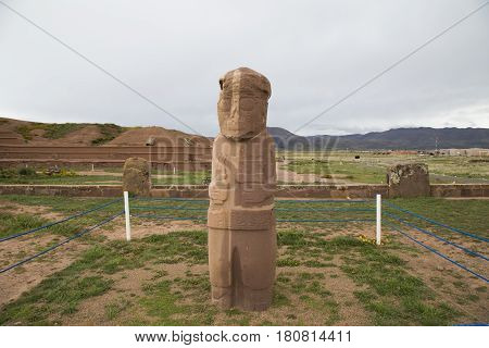 Ancient Fraile Stone Monolith in famous Tiwanaku Archaeological site