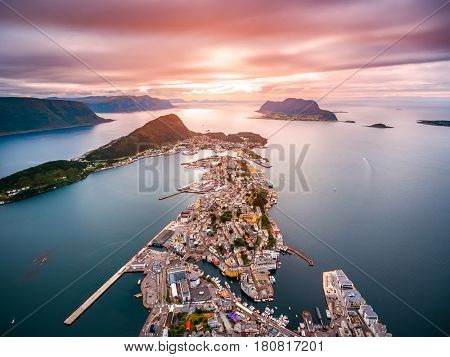 Aksla at the city of Alesund , Norway Aerial footage