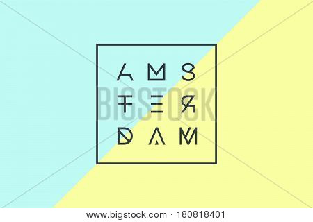 Poster with text Amsterdam, Netherlands in geometric style. Concept design print for t-shirt, greeting card, post card, poster. Colorful banner with geometric font. Vector Illustration