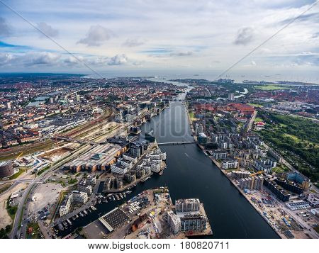 City aerial view over Copenhagen, The Denmark. View from the bird's flight