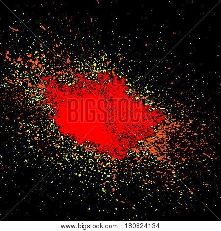 Colorful acrylic explosion paint splatter vector. Small drops spots of color isolated on black background. Neon spray stains abstract background carnival art. Colored glitter and sprinkles grainy