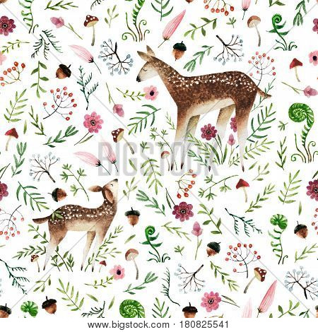Seamless pattern with hand drawn deer mom and deer baby. Isolated on white background watercolor deers and forest elements for textile fabric and wallpaper. Watercolor seamless pattern.