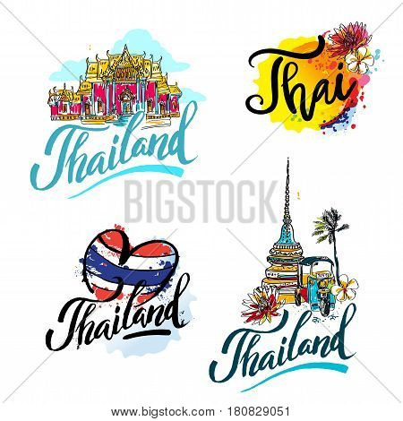 A vector illustration of hand drawn elements for traveling to Thailand, concept Travel to Thailand. Lettering logo set.