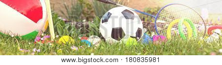 panorama in the summer with various outdoor fun equipment