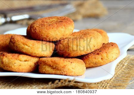 Homemade chickpea fritters on a plate. Roasted vegetarian fritters made with chickpeas puree. Lenten meal idea. Rustic stile. Closeup