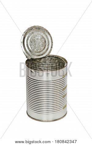 Empty steel can on a white background