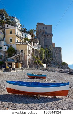 Cetara Italy - April 6 2011: Boats on the beach of the old village