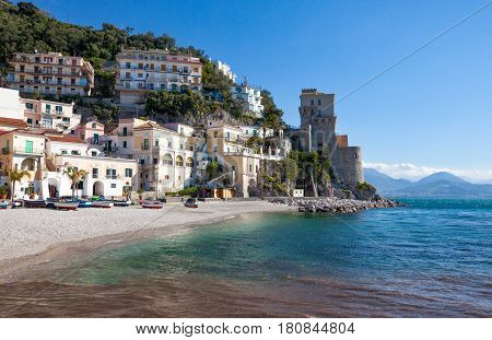 Italy Amalfitana Coast Cetara view of the beach and Norman castle
