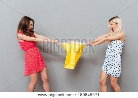 Two anry beautiful women sharing yellow package isolated over grey background