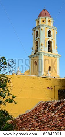 Tower of the San Francisco de Asis Church being by the main square in Trinidad the most tourist city on Cuba