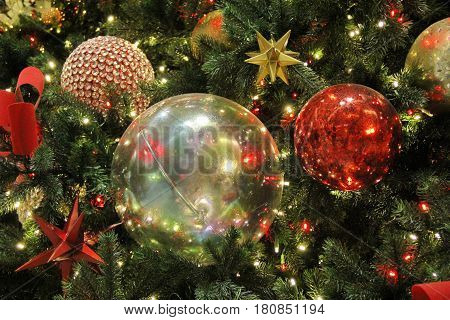 Christmas tree balls decorate the tree iside