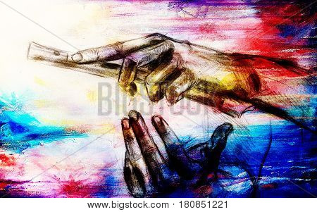 Drawing of hand and flute, pencil sketch on paper, color and vintage effect