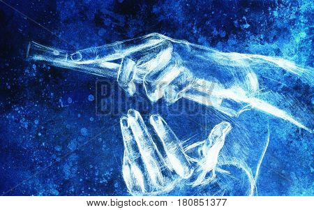 Drawing hand and flute, pencil sketch on paper, color and vintage effect