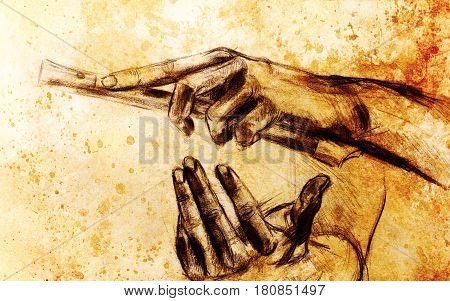 Drawing hand and flute, pencil sketch on paper, sepia and vintage effect
