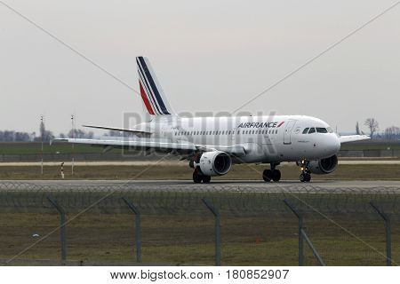Borispol, Ukraine - March 25, 2017: Air France Airbus A319-111 aircraft landing on the runway to Borispol International Airport on March 25, 2017. Editorial use only