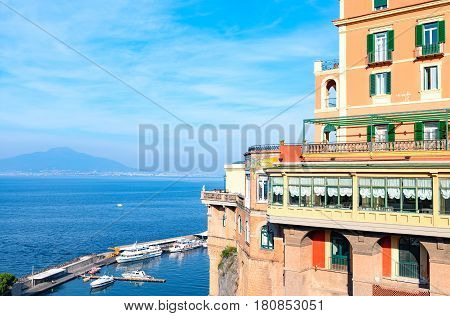 Sorrento Italy - November 15 2015: The bay seen from the country center with a luxury hotel on the right
