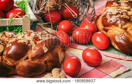 Easter Bread And Eggs On A Table
