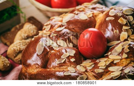 Easter Bread And Eggs On A Table