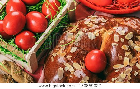 Easter Bread And Eggs On A Table