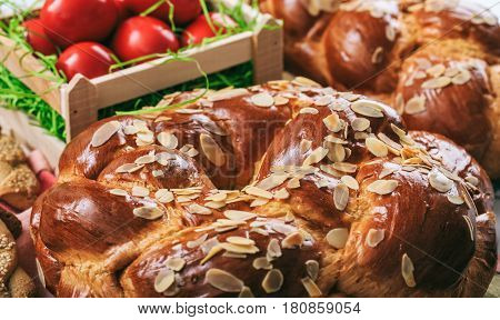 Easter Bread And Eggs On A Table