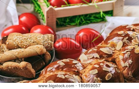 Easter Bread And Eggs On A Table