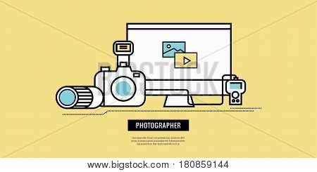 Photography equiment icons. website banner template poster. flat line design. vector illustration