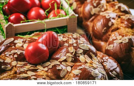 Easter Bread And Eggs On A Table