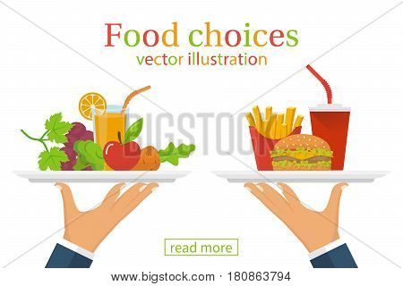 Food choice. Healthy and junk eating. A man is holding a tray organic products and fast food. Diet decision concept and nutrition. Fresh fruit and vegetables or greasy cholesterol. Vector flat design.