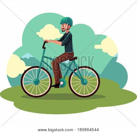 Young man, guy riding urban bicycle, cycling in helmet, cartoon vector illustration. Full length, side view portrait of young man cycling in countryside,