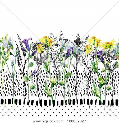 Meadow watercolor and ink flower seamless pattern. Water color and graphic bellflower daisy weed and herb on background with polka dot scrabble strokes. Hand painted illustration in 80s 90s style
