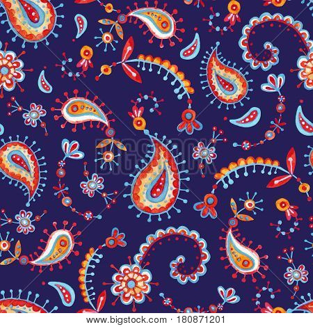 Watercolor abstract ornate elements seamless pattern. Ethnic background with indian paisley and doodle ornament in bright colors. Hand painted art illustration authentic design