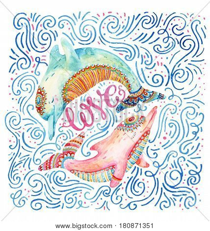 Watercolor pair of lovely dolphins surrounded by doodle wave dots dash on white background. Love concept in cartoon style. Hand painted cute animal illustration