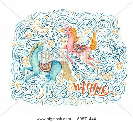 Watercolor pair of flying unicorns surrounded by doodle cloud star moon wave dots dash on night background. Lovely unicorn in cartoon style. Magic lettering. Hand painted fairy tale illustration
