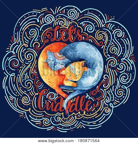 Watercolor pair of lovely cats surrounded by doodle wave dots dash on dark background. Lets cuddle - concept in cartoon style. Two hugging cats in heart form. Hand painted cute animal illustration